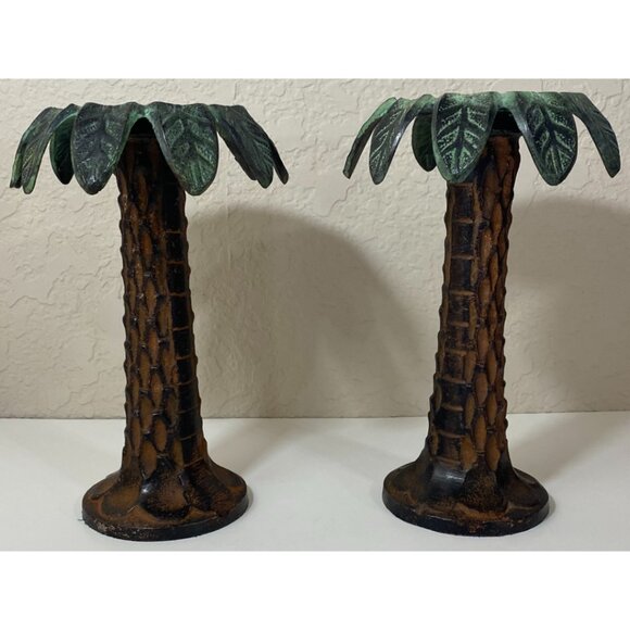Vintage Metal Green & Brown Palm Tree Candleholders - Picture 1 of 8